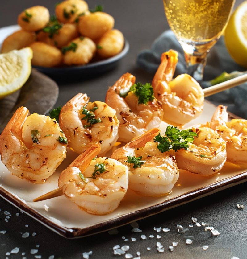 pendant l'apéritif, des brochettes de crevettes sautées à l'ail et au citron