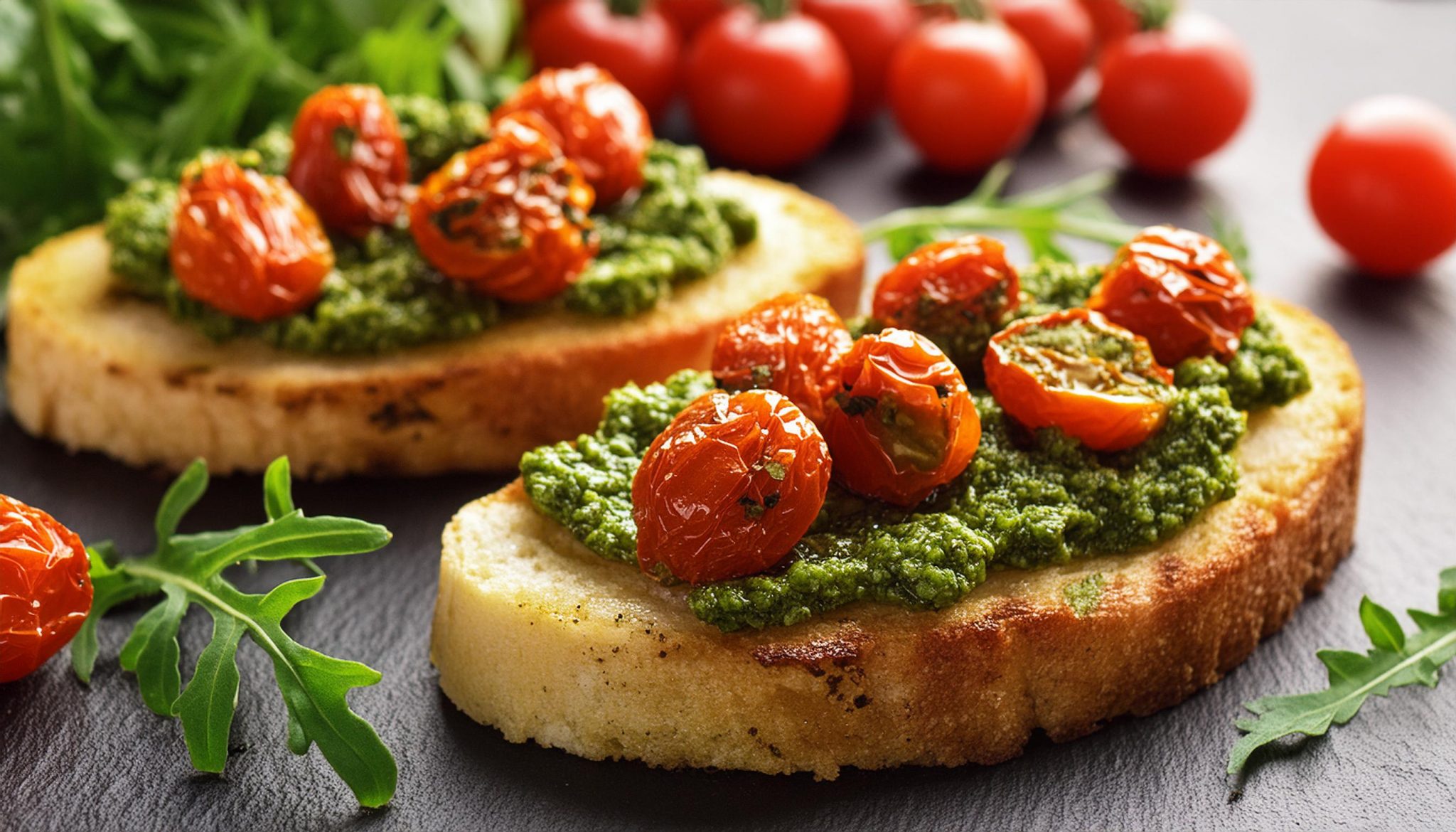 Bruschetta au pesto de roquette et tomates cerises confites 14889 | Un ...
