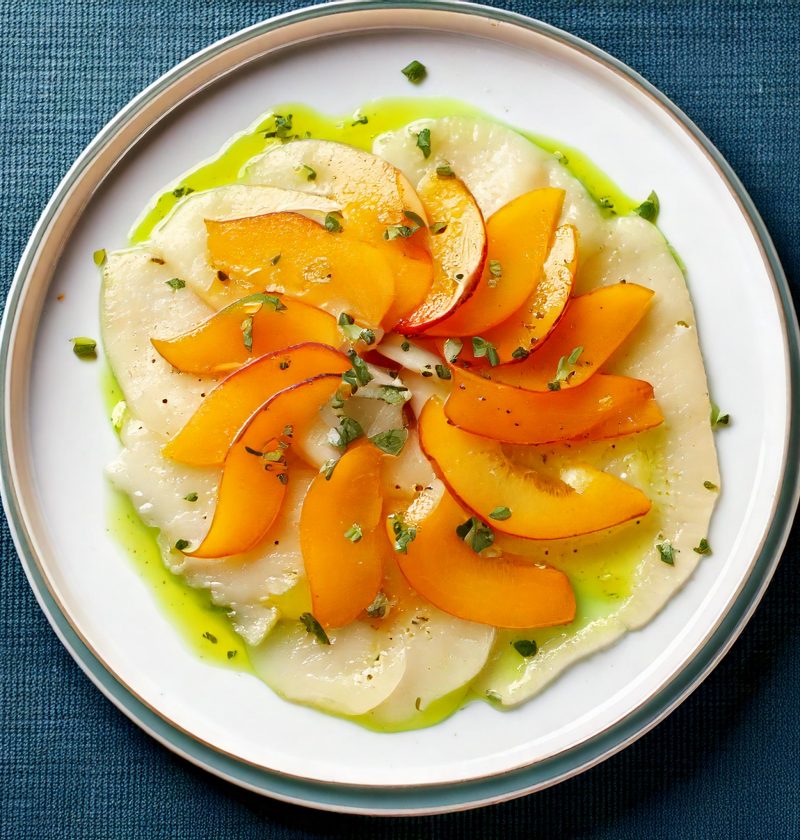 Carpaccio de cabacillaud avec des tranches de pêche et une huile de persil