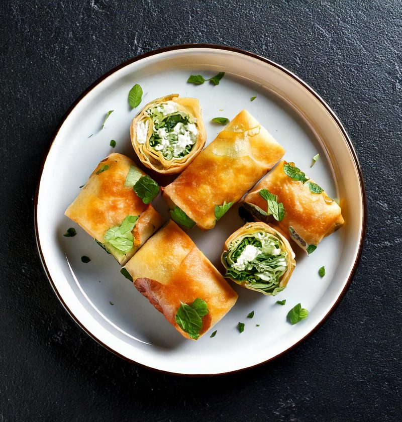 Feuille de brick, menthe et feta, vue de dessus dans assiette blanche