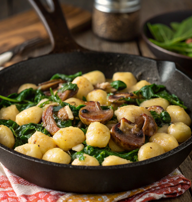 Poelee de gnocchis aux champignons et epinards dans une poele en fonte