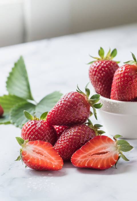 des fraises sur un marbre blanc