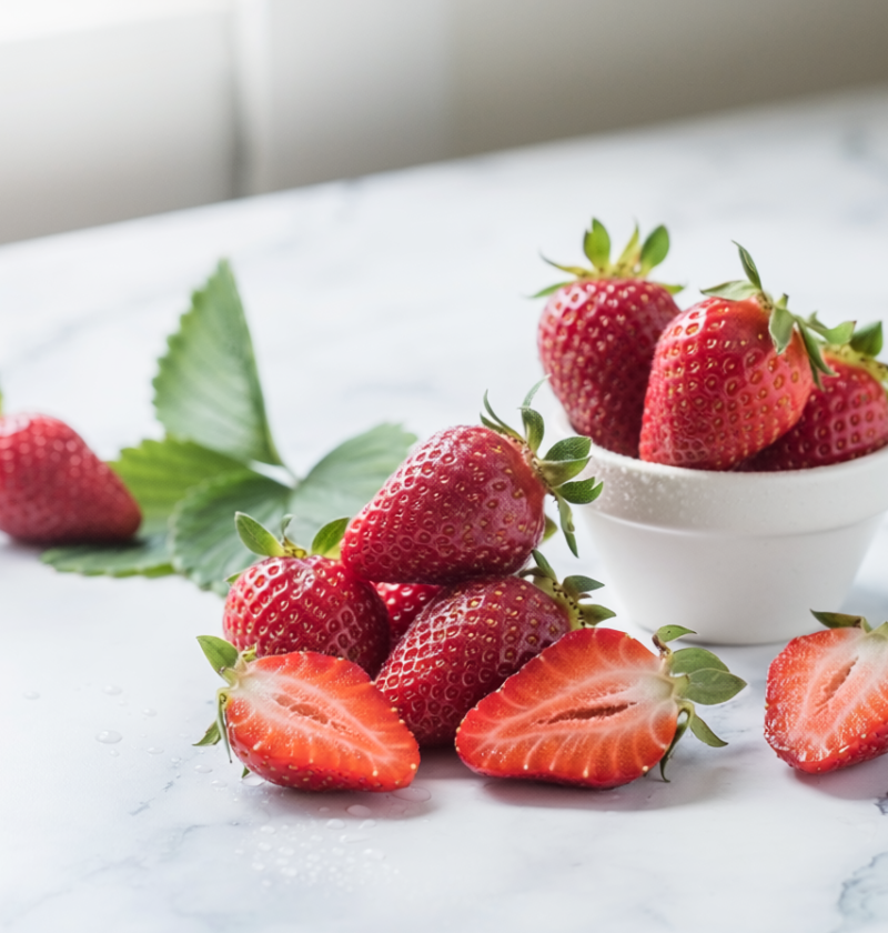 des fraises sur un marbre blanc