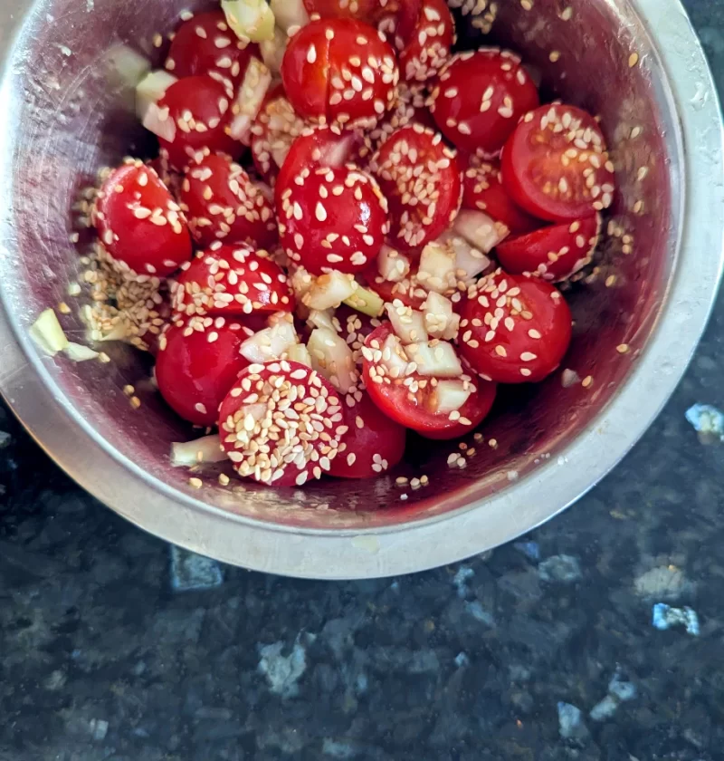 entrée tomates cerises fenouil emince sesame vinaigrette cidre