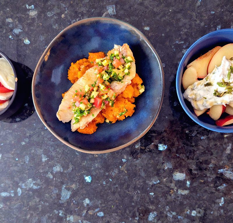 menu MD40 tomates mozza lieu noir puree patate douce peche skyr