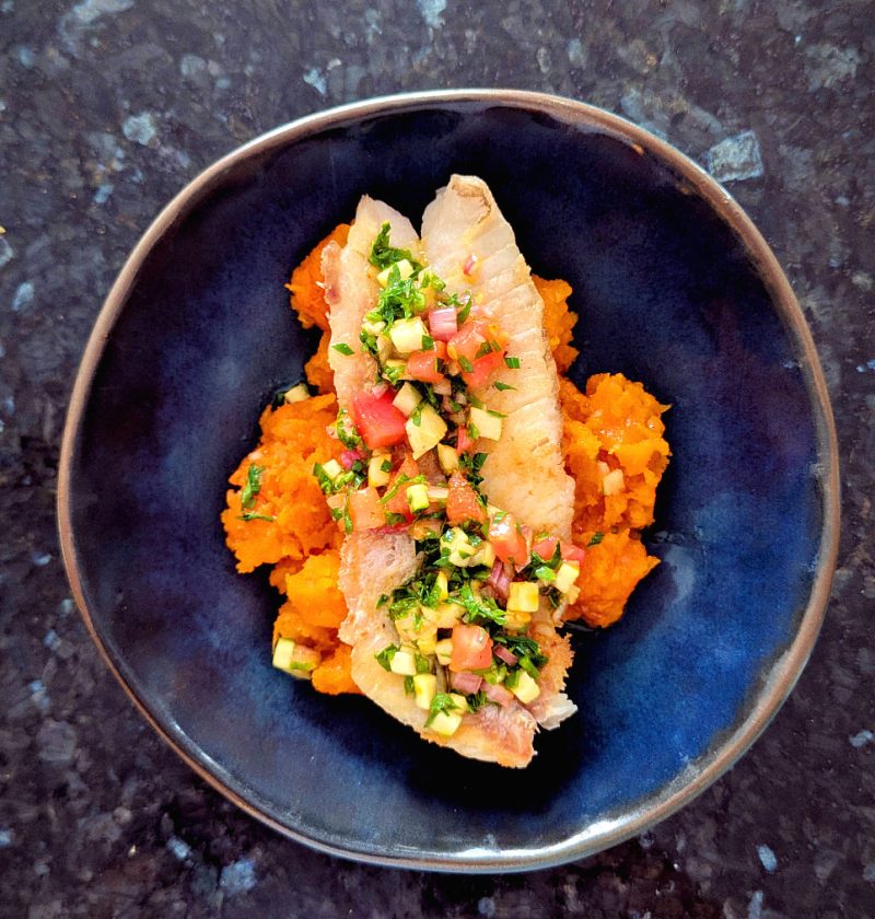 plat lieu noir puree patate douce sauce vierge zaatar
